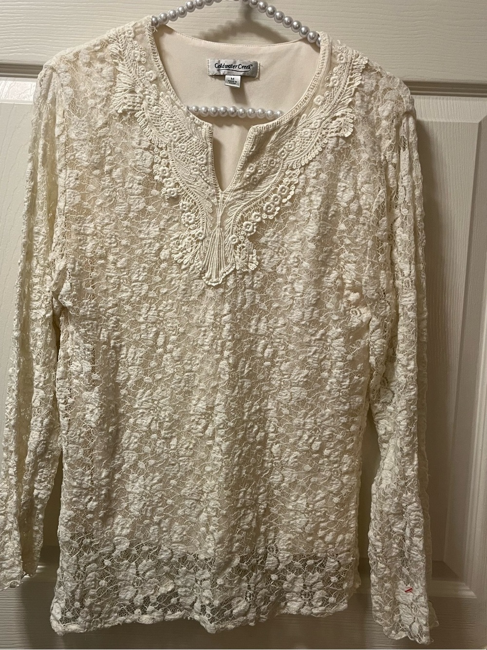 Coldwater Creek Women’s Stretchy Lace top with Sheer Arms V neck Solid Tank SZ M